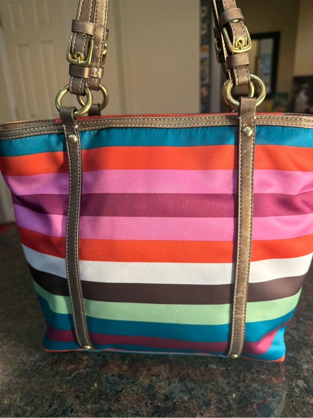 Coach Small Legacy Stripe Tote with Metallic Bronze Trim